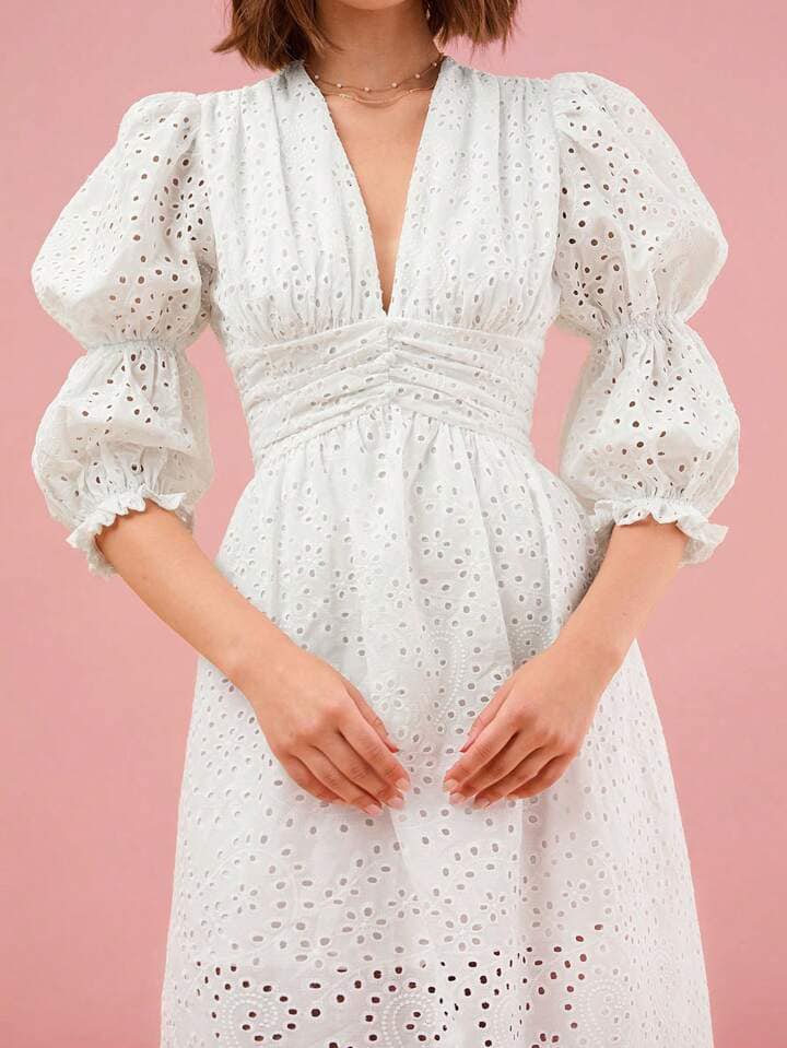 CM-DS052662 Women Elegant Seoul Style Solid Color Hollow Out Embroidery Puff Sleeve Dress - White