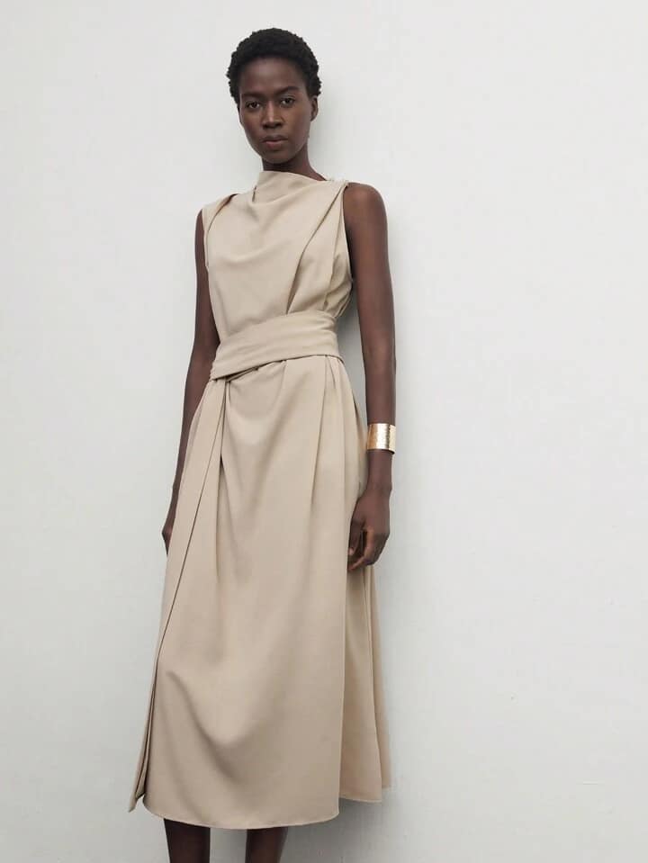 CM-DS667609 Women Elegant Seoul Style Stand Collar Sleeveless Long Belted Dress - Khaki