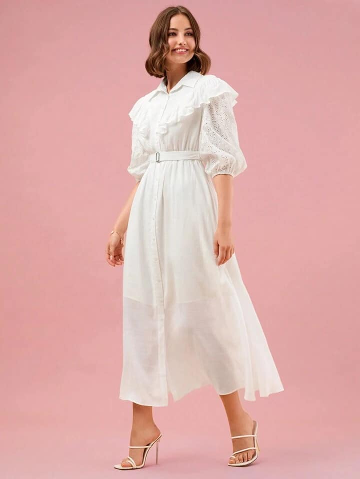 CM-DS333013 Women Elegant Seoul Style Ruffle Trim Lantern Sleeve Belted Shirt Dress - White