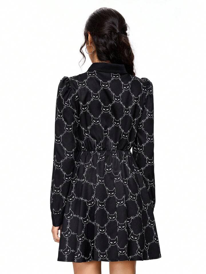 CM-DS821592 Women Elegant Seoul Style Cat-Head Thorns Print Lantern Sleeve Shirt Collar A-Line Dress