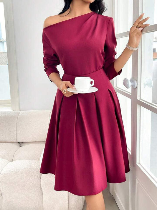 CM-SS800064 Women Elegant Seoul Style Asymmetrical Neckline Long Sleeve Top With High Waist Skirt - Set