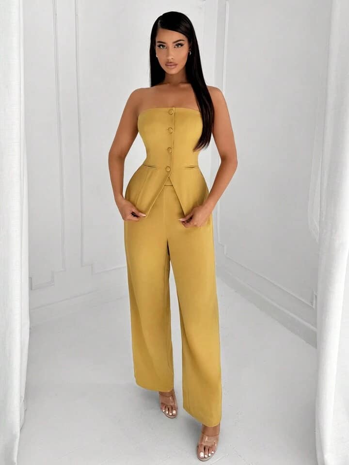 CM-SS797073 Women Elegant Soeul Style Off-Shoulder Suit-Style Top With Straight-Leg Pants - Set