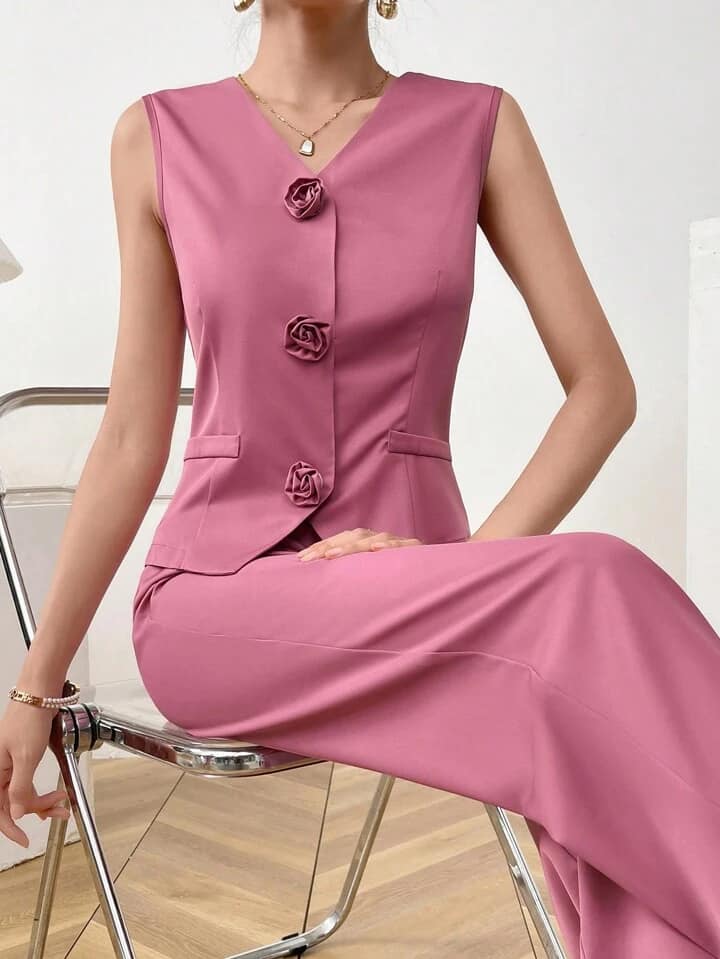 CM-SS185801 Women Elegant Seoul Style Solid Color Sleeveless Top With Long Pants Suit - Hot Pink