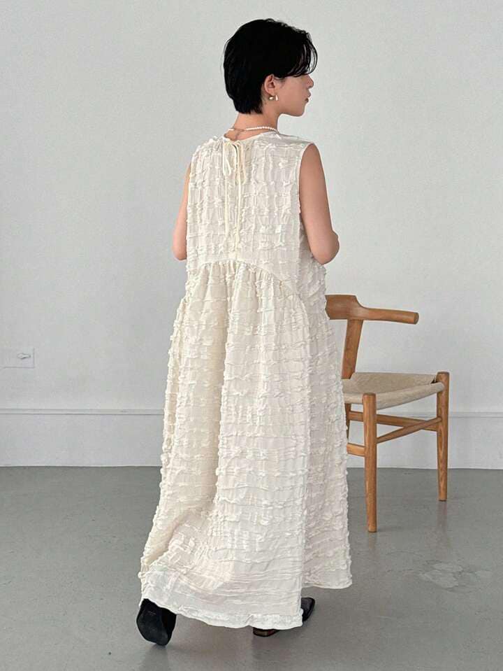 CM-DS445828 Women Trendy Bohemian Style Solid Round Neck Sleeveless Smock Dress - Beige