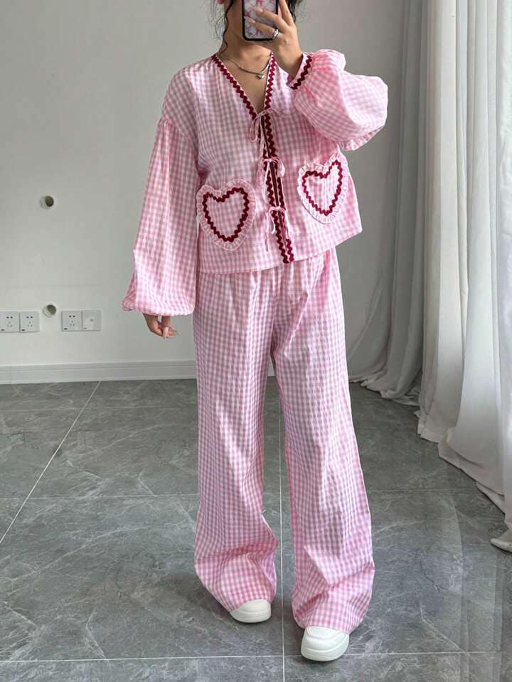 CM-SS333792 Women Casual Seoul Style Checkered Loose Heart Decor Weave Belt Bowknot Shirt With Pants - Set