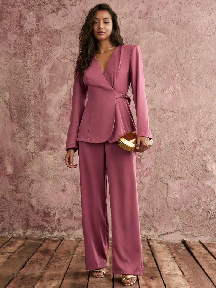 CM-SS757842 Women Elegant Seoul Style Solid Minimalist V-Neck Long Sleeve Blazer With Pants Suit - Set