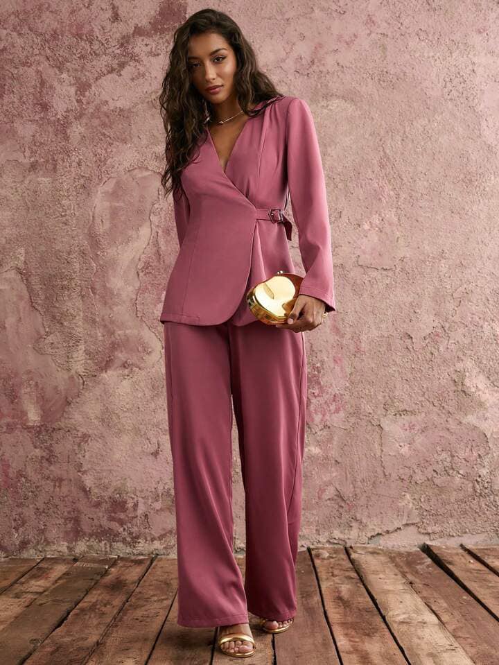 CM-SS757842 Women Elegant Seoul Style Solid Minimalist V-Neck Long Sleeve Blazer With Pants Suit - Set