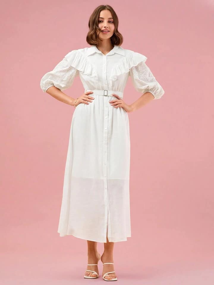 CM-DS333013 Women Elegant Seoul Style Ruffle Trim Lantern Sleeve Belted Shirt Dress - White