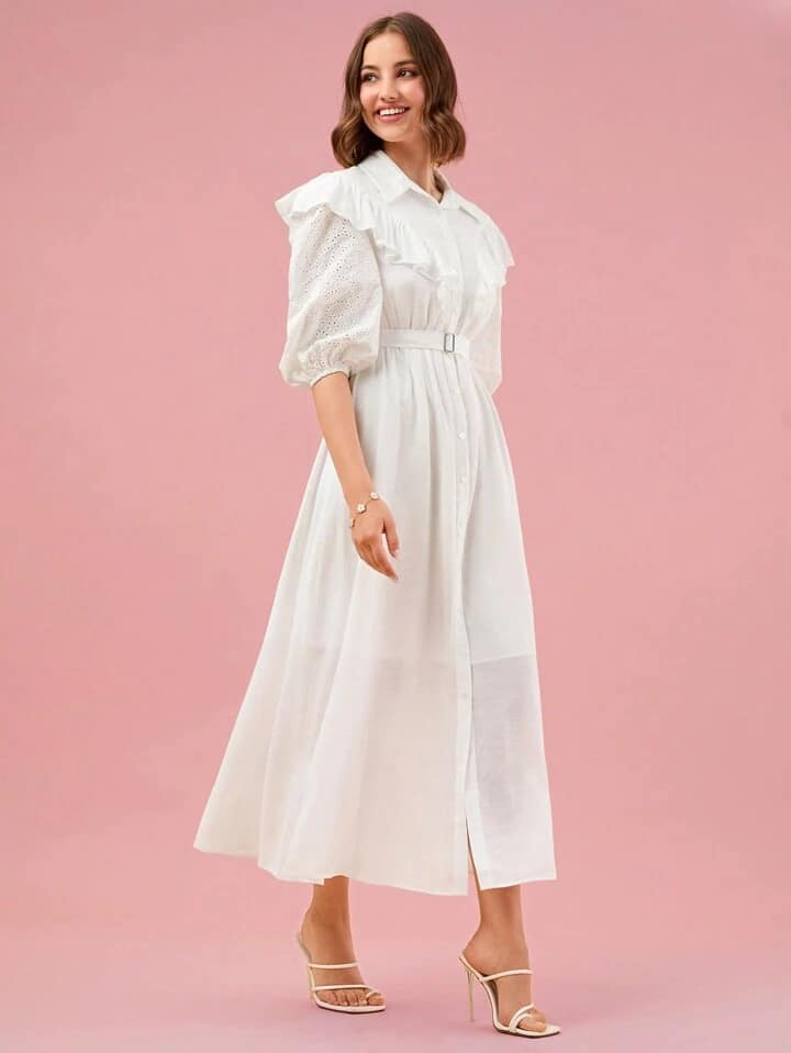 CM-DS333013 Women Elegant Seoul Style Ruffle Trim Lantern Sleeve Belted Shirt Dress - White