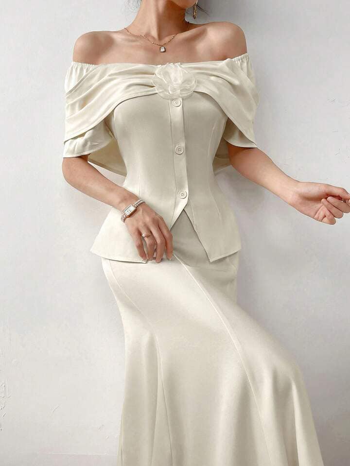 CM-SS181983 Women Elegant Seoul Style Solid Color Minimalist Off Shoulder Top With Midi Skirt - Set