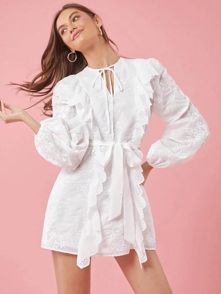 CM-DS001565 Women Elegant Seoul Style Tie Collar Lantern Sleeve Patchwork Ruffle Hem Mini Dress