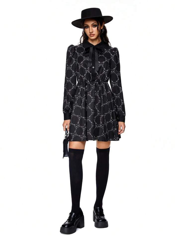 CM-DS821592 Women Elegant Seoul Style Cat-Head Thorns Print Lantern Sleeve Shirt Collar A-Line Dress