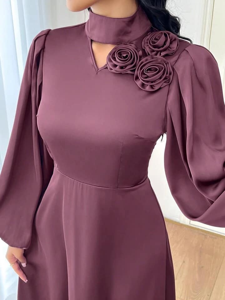 CM-DS045533 Women Elegant Seoul Style Solid Color Stand Collar Long Sleeve Floral Applique Dress - Purple