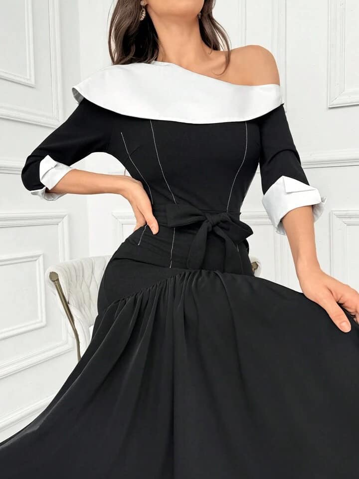 CM-DS292796 Women ELegant Seoul Style Color Block Asymmetric Collar 3/4 Sleeve Dress