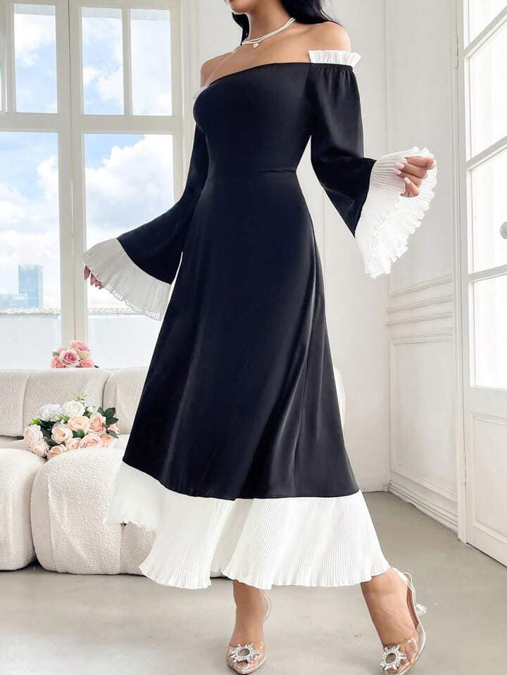 CM-DS391444 Women Elegant Seoul Style Color Block Off Shoulder Pleated Long Sleeve Midi Dress - Black