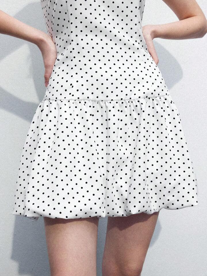 CM-DS273362 Women Casual Seoul Style Polka Dot Lantern Sleeve Cinched Waist Mini Dress - White