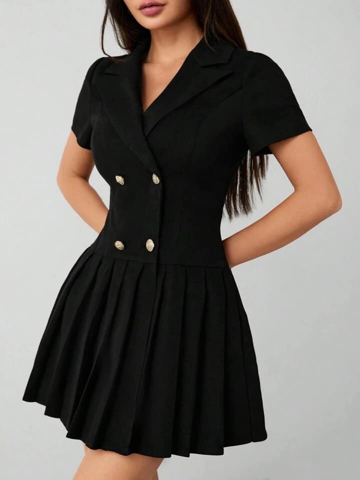 CM-DS664280 Women Elegant Seoul Style Solid Lapel Collar Double-Breasted Pleated Mini Dress - Black
