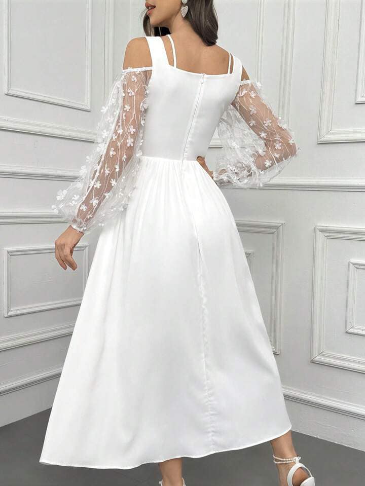 CM-DS532210 Women Elegant Seoul Style Solid Color Semi-Sheer Sleeves And Applique Dress - White