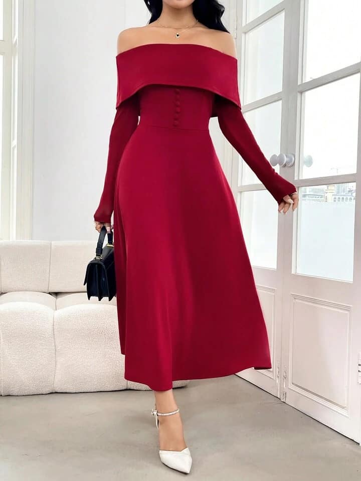 CM-DS453155 Women Elehgant Seoul Style Solid Color Off-Shoulder Long Sleeve Dress - Burgundy