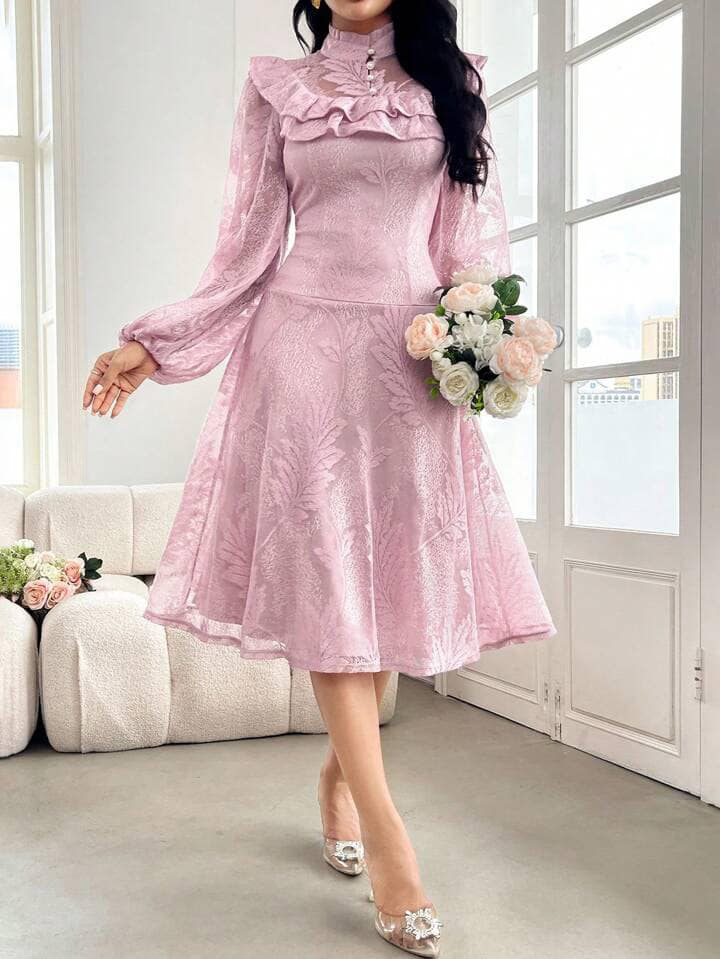 CM-DS666601 Women Elegant Seoul Style Embroidery Decorated Stand Collar Long Sleeve Dress - Pink