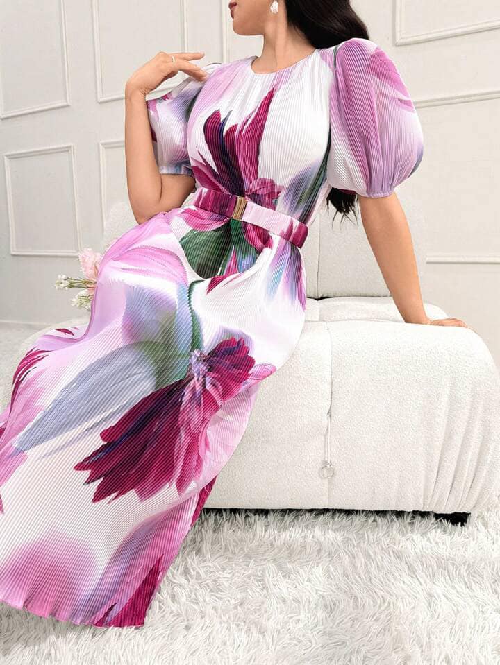 CM-DS037360 Women Elegant Seoul Style Floral Printed Round Neck Puff Sleeve Midi Dress
