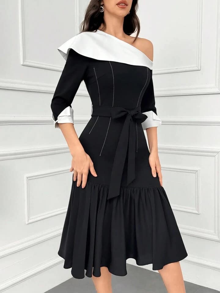 CM-DS292796 Women ELegant Seoul Style Color Block Asymmetric Collar 3/4 Sleeve Dress
