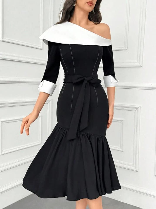CM-DS292796 Women ELegant Seoul Style Color Block Asymmetric Collar 3/4 Sleeve Dress