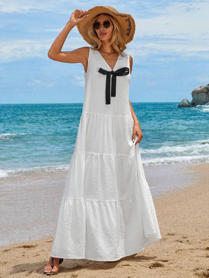 CM-DS111441 Women Trendy Bohemian Style Sleeveless V-Neck Bowknot Tie Multi-Layer Splicing Long Dress