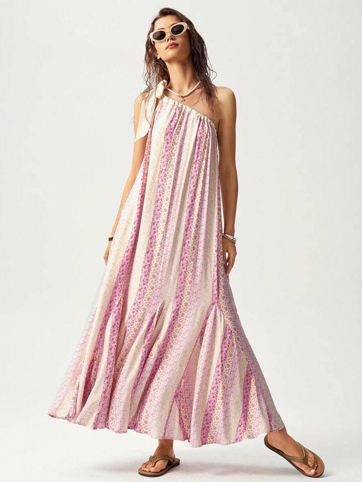 CM-DS205801 Women Trendy Bohemian Style Knot One Shoulder Ditsy Floral Long Dress