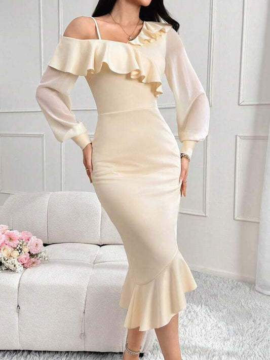 CM-DS831631 Women Elegant Seoul Style Asymmetrical Neck Ruffle Trim Split Back Dress - Apricot