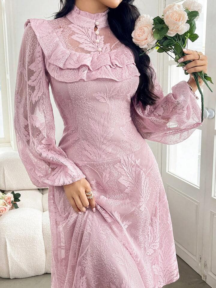 CM-DS666601 Women Elegant Seoul Style Embroidery Decorated Stand Collar Long Sleeve Dress - Pink