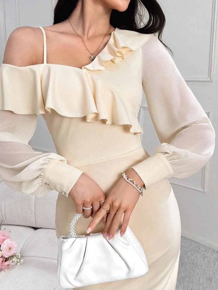 CM-DS831631 Women Elegant Seoul Style Asymmetrical Neck Ruffle Trim Split Back Dress - Apricot