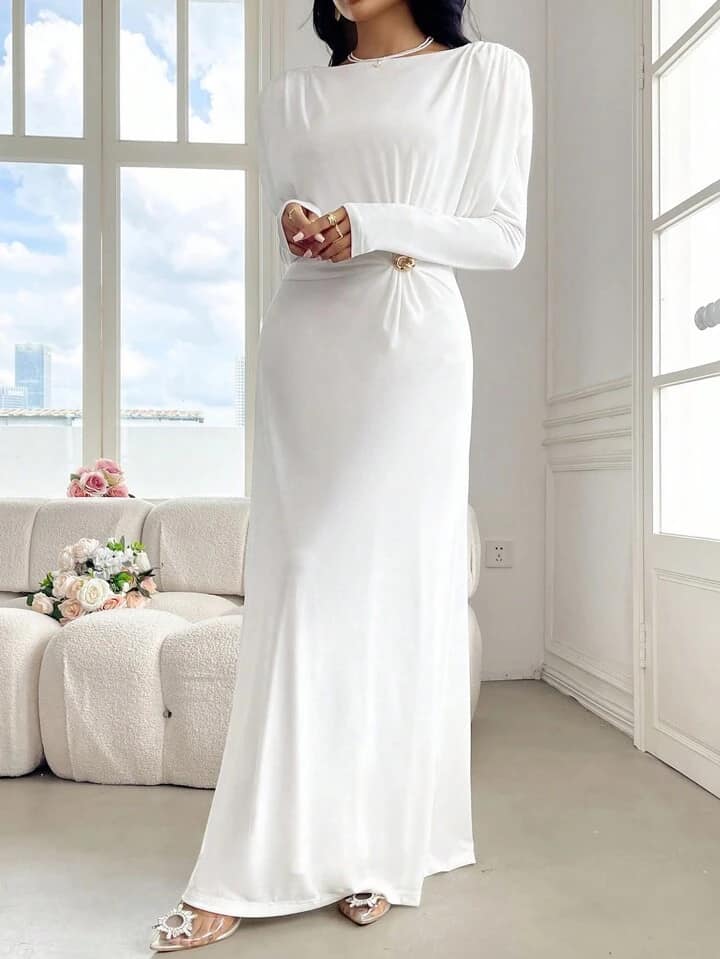 CM-DS656784 Women Elegant Seoul Style Solid Color Pleated Round Neck Long Sleeve Midi Dress - White