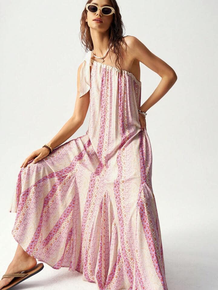 CM-DS205801 Women Trendy Bohemian Style Knot One Shoulder Ditsy Floral Long Dress