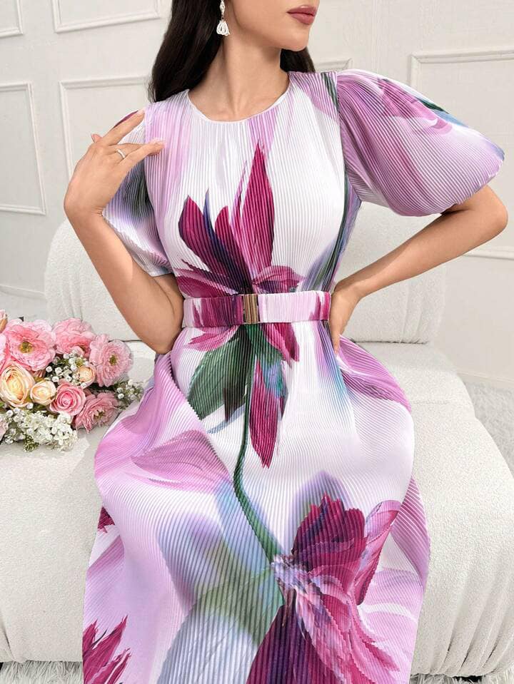 CM-DS037360 Women Elegant Seoul Style Floral Printed Round Neck Puff Sleeve Midi Dress