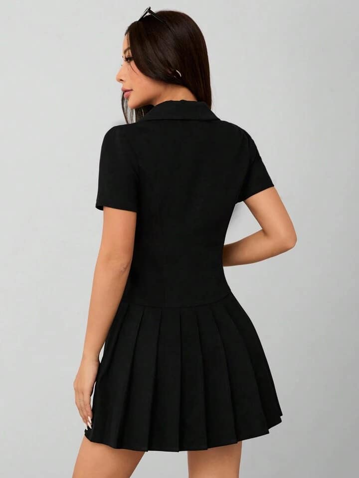 CM-DS664280 Women Elegant Seoul Style Solid Lapel Collar Double-Breasted Pleated Mini Dress - Black
