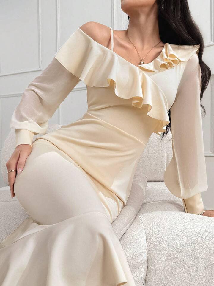 CM-DS831631 Women Elegant Seoul Style Asymmetrical Neck Ruffle Trim Split Back Dress - Apricot