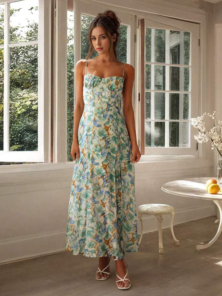 CM-DS104099 Women Trendy Bohemian Style Floral Allover Print Spaghetti Strap Backless Long Dress