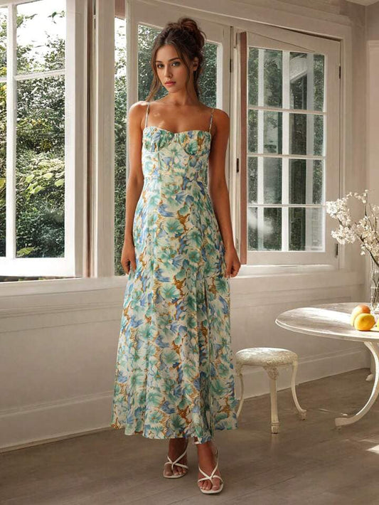 CM-DS104099 Women Trendy Bohemian Style Floral Allover Print Spaghetti Strap Backless Long Dress