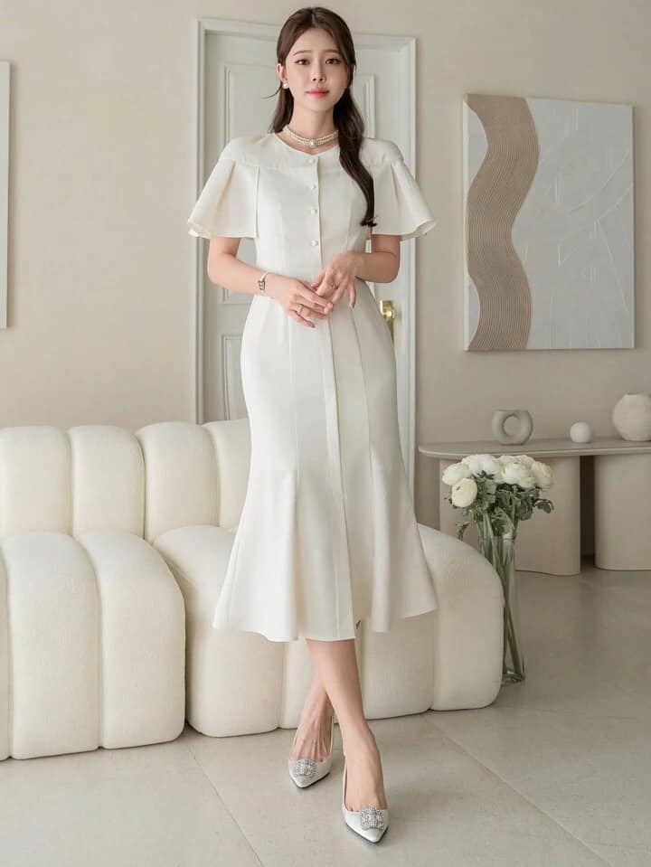 CM-DS342223 Women Elegant Seoul Style Solid Color Round Neck Short Sleeve Midi Dress - Beige