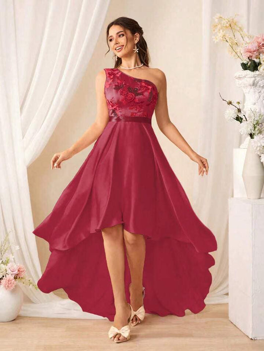 CM-DS313417 Women Elegant Seoul Style Sleeveless Asymmetric Hem Sequined Mini Dress - Burgundy