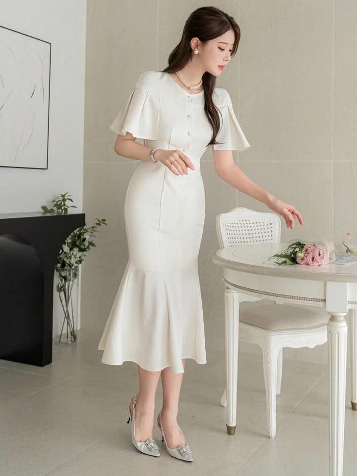 CM-DS342223 Women Elegant Seoul Style Solid Color Round Neck Short Sleeve Midi Dress - Beige