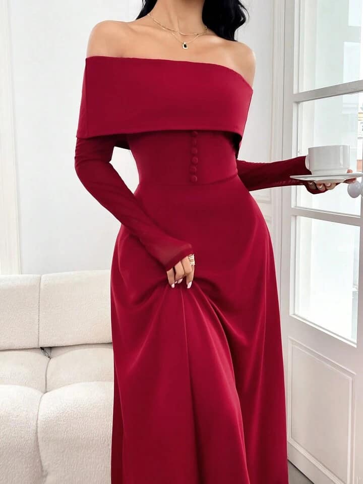 CM-DS453155 Women Elehgant Seoul Style Solid Color Off-Shoulder Long Sleeve Dress - Burgundy
