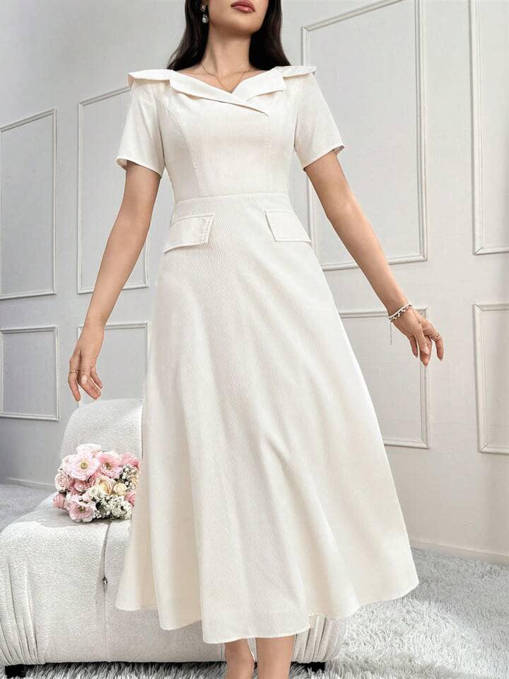 CM-DS118141 Women Elegant Seoul Style Solid Flap Detail Collar Neckline Short Sleeve Midi Dress - Apricot