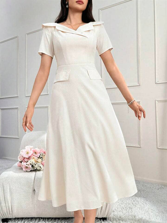CM-DS118141 Women Elegant Seoul Style Solid Flap Detail Collar Neckline Short Sleeve Midi Dress - Apricot