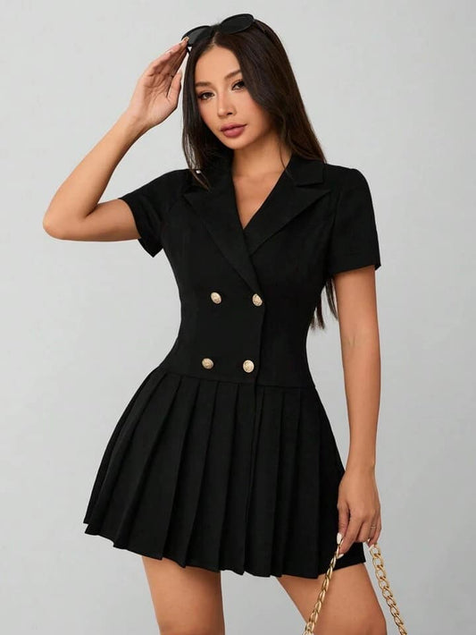 CM-DS664280 Women Elegant Seoul Style Solid Lapel Collar Double-Breasted Pleated Mini Dress - Black