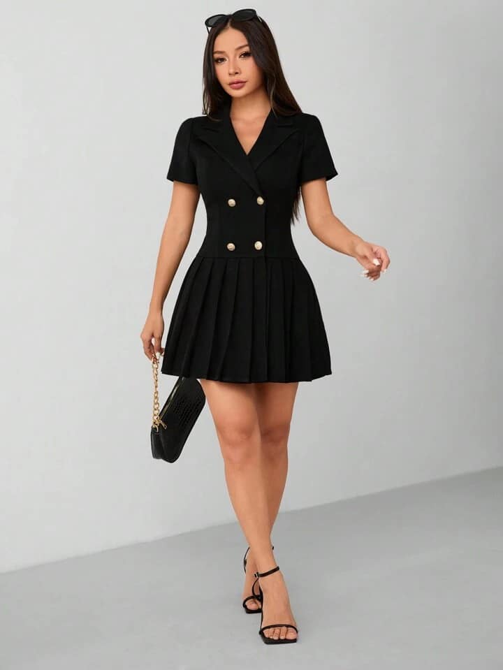 CM-DS664280 Women Elegant Seoul Style Solid Lapel Collar Double-Breasted Pleated Mini Dress - Black