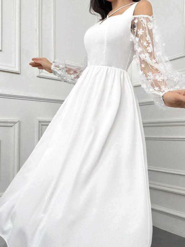 CM-DS532210 Women Elegant Seoul Style Solid Color Semi-Sheer Sleeves And Applique Dress - White