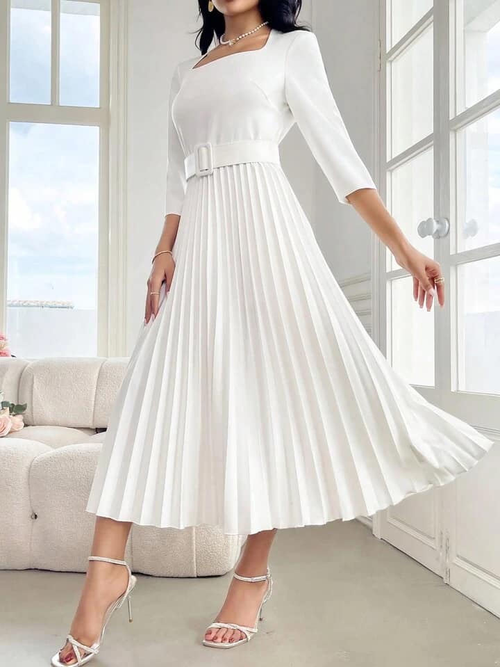 CM-DS263666 Women Elegant Seoul Style Solid Color Square Neck Long Sleeve Belted Pleated Dress - White