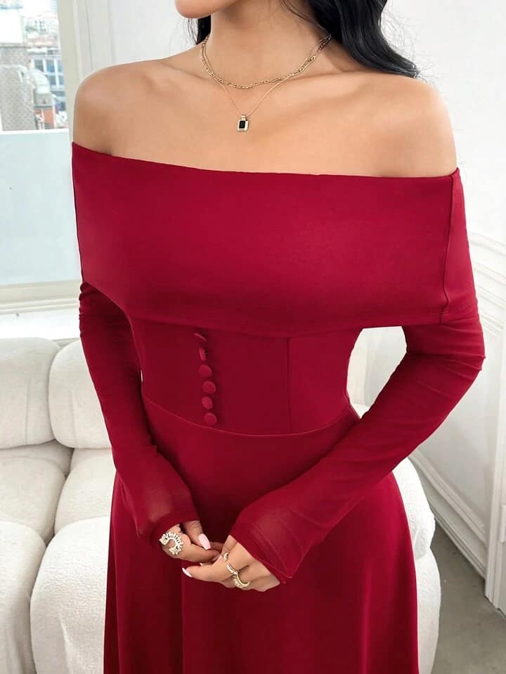 CM-DS453155 Women Elehgant Seoul Style Solid Color Off-Shoulder Long Sleeve Dress - Burgundy